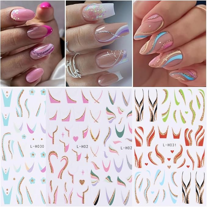 12PCS Line Nail Stickers 3D Colorful Lines Nail Decals Self-Adhesive Nail Art Supplies Gold Glitter Curve Waves Pink Stripes Nail Designs French Nail Tips DIY Manicure Decoration Accessories for Women