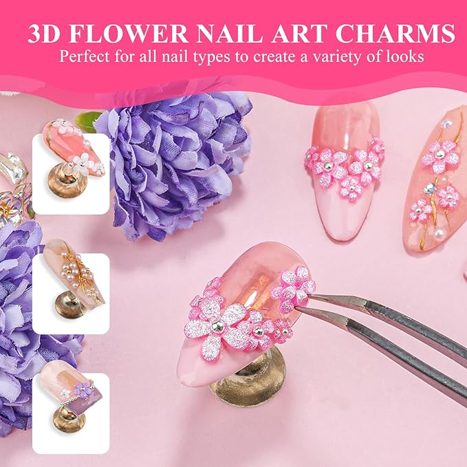 4 Boxes 3D Flower Nail Charms and Gems - Rose Nail Flower Charms Crystal AB Clear Gemstones Silver/Gold Caviar Beads White/AB Pearls for Women DIY Manicure Crafts (19-S4-Rose)