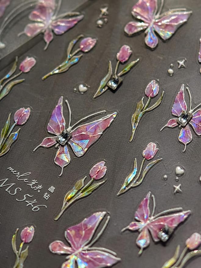 Tulips Butterfly Nail Stickers 5D Embossed – Premium Salon-Quality Nail Charm Accessories, Easy Application & Self-Adhesive for DIY Manicure, Tulip Butterflies Nail Art, Press on, Home or Salon Use