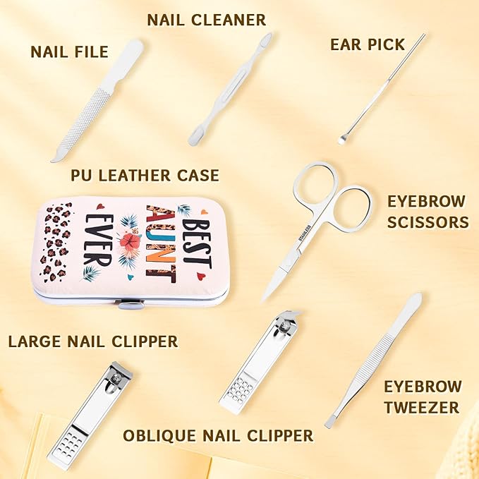 Best Aunt Ever Manicure Kit – Funny Auntie Nutrition Facts Nail Clippers Set – Compact Nail Care Kit for Aunt, Didi, Cool Sister – Birthday Christmas Gifts for Aunt – Leopard Print Travel Set