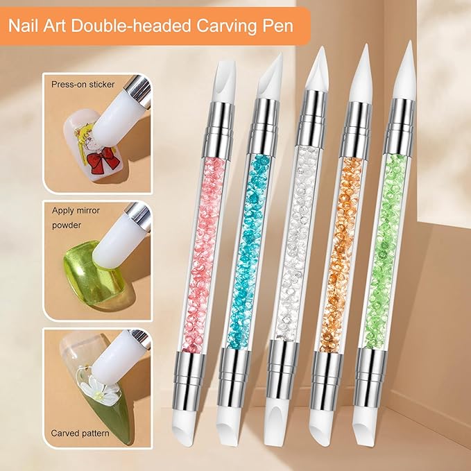 5pcs Nail Sculpture Pen Dual Tipped Nail Art Sculpture Pen, Nail Art Tools for Home Salon for Design Nail Carving Drawing Shaping Effect DIY Gel Manicure Tools (PINK)
