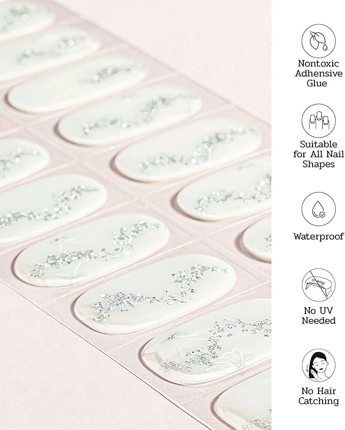 Nail Polish Strips - 22 Pcs Salon Quality Gel Nail Stickers - Long Lasting Wraps (Snow Lotus White Flower)