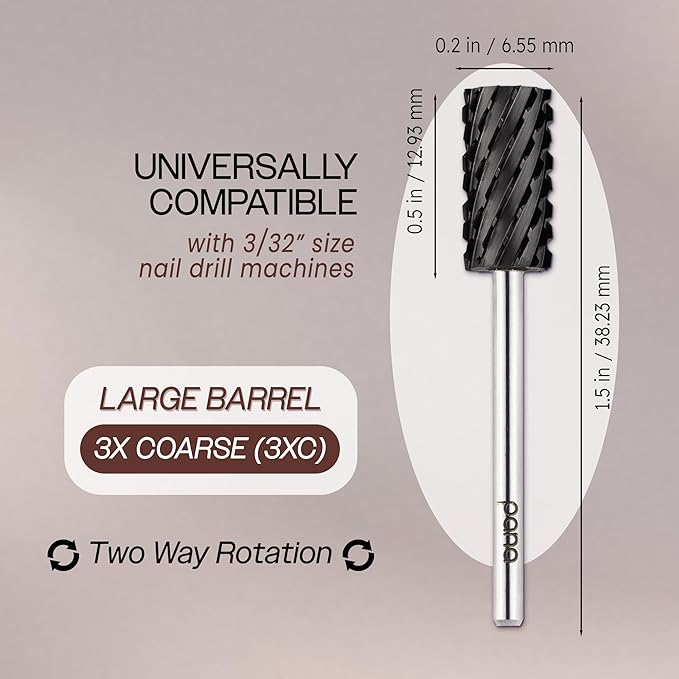 PANA Professional 3/32" Shank Size - Flat Top Large Barrel Carbide Bit - Nail Drill Bit for Dremel Machine (Silver, Gold, DLC Black) (3X Coarse, DLC Black)