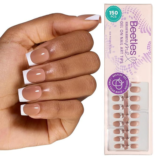 Beetles X Press Plus French Tip Nails - Caramel French | Brown Short Square French Tip Press On Nails | 15 Sizes 150 Pcs Natural Salon Quality Nail Tips