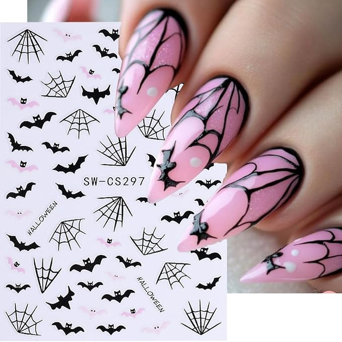 Halloween Nail Art Stickers Decals Skull Bat 3D Self-Adhesive Nail Decals Nail Art Supplies 6PCS Spider Web Butterfly Pumpkin Halloween Nails Design Manicure Sliders for Women DIY Nail Decorations