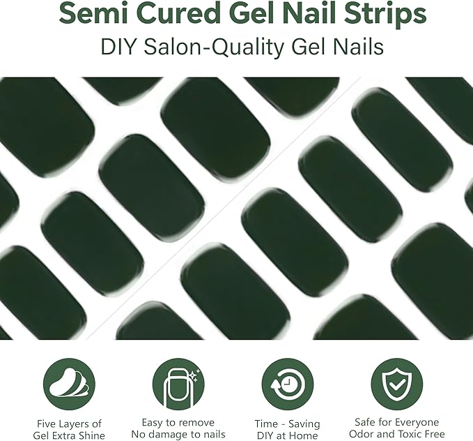 Semi Cured Gel Nail Strips-Beginner Friendly Semi-Gel Press Ons,Bubble-Free Application,5 Min DIY,Short Coffin Shape,Works with Any UV/LED Lamps(Cream Moss)