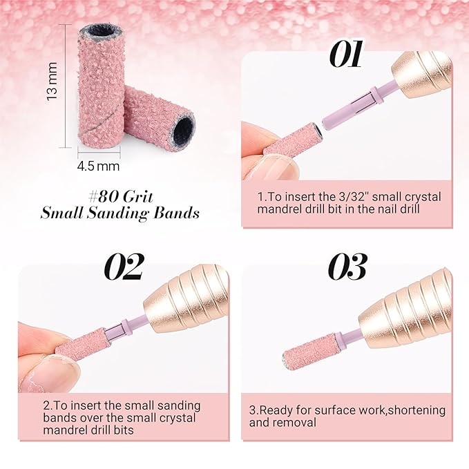 MelodySusie 50 Pcs Nail Drill Bits Small Sanding Bands with 3.1mm Mandrel Bit, 80 Coarse Grit Nail File for Acrylic Nails Gel Manicures and Pedicure, Pink
