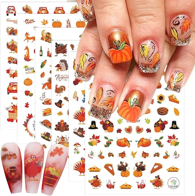 6 Sheets Fall Nail Stickers for Nail Art 3D Cute Turkey Pumpkin Nail Art Stickers Autumn Maple Leaf Sunflower Design Thanksgiving Nail Decals Nail Art Supplies for Women Acrylic Manicure Decoration