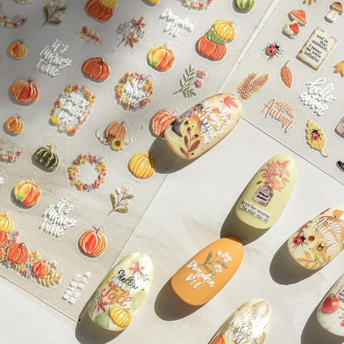 1 Sheet Fall Nail Stickers 5D Embossed Maple Leaves Nail Stickers for Nails Thanksgiving Day Pumpkin Nail Decals Fall Leaf Garland Nails Supplies Autumn Leaves Pumpkin Design Sticker for Women