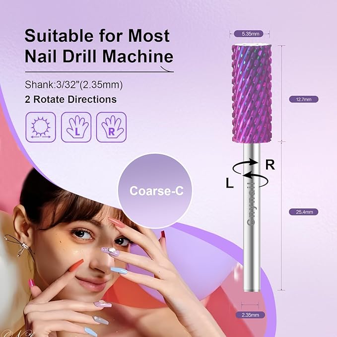 3/32" Small 5.35MM Barrel Bit Tungsten Carbide Nail Drill Bit Safety Bit for Gel & Acrylic Removal, 2- Way Rotating Efile Tip, Salon Electric File Accessory (C Girt, Purple)