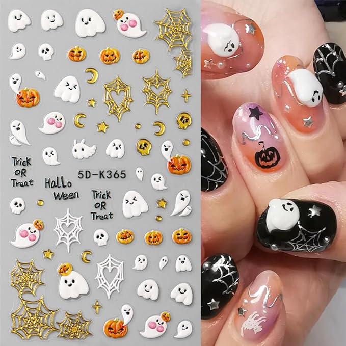 3 Sheets Halloween Nail Stickers 5D Embossed Cute Ghost Nail Art Stickers Self Adhesive Black Cat Spider Web Bat Pumpkin Nails Design Decals Halloween Nails Sticker for Women DIY Manicure Decoration