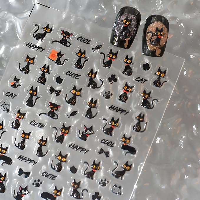 Halloween Nail Sticker for Nail Art Black Cat Nail Stickers 5D Self-Adhesive Cat Nail Decals Black Nail Art Supplies Decoration Accessories for Women and Girls