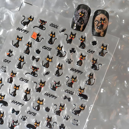 Halloween Nail Sticker for Nail Art Black Cat Nail Stickers 5D Self-Adhesive Cat Nail Decals Black Nail Art Supplies Decoration Accessories for Women and Girls