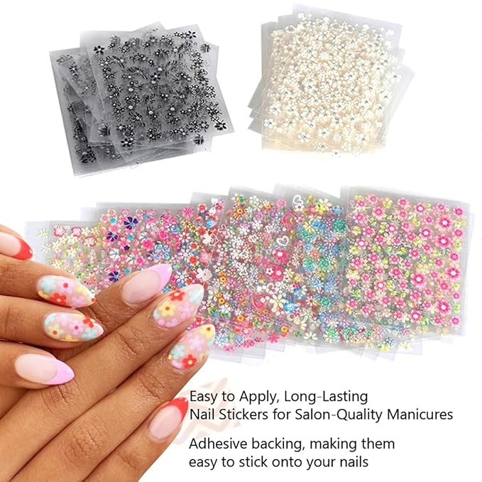 30 Sheets Flowers Nail Art Stickers Cute Daisy Floral Design Decals 3D Self-Adhesive White Black Colorful Flower Nail Stickers Decoration‌ for Women Girls Acrylic Nail Supplies Accessories