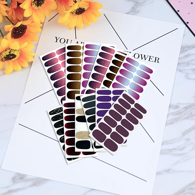 WOKOTO 20 Sheets Dark Color Nail Polish Strips for Women Girls Solid and Gradient Designs Nail Polish Stickers with Nail File Kit Black Blue Purple Stick On Nails Stickers Full Nail Wraps Strips