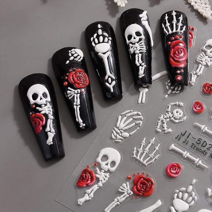 2Sheets Halloween Nail Art Stickers 5D Embossed Skull Bones Nail Decals with Cute Rose Flowers Designs Nail Stickers Self-Adhesive Skeleton Floral Nail Decal for Women DIY Manicure Decoration Supplies