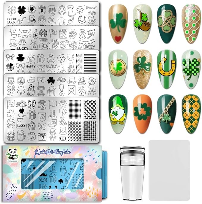 PH PandaHall 5pcs St. Patrick's Nail Stamping Plate Lucky Shamrock Nails Art Templates Rainbow Gnome Nails Image Stamp Clover Hat Nails Art Stencils for DIY Print Manicures Salon Design Decoation