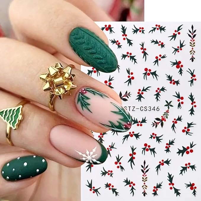 6PCS Christmas Nail Art Stickers Holly Nail Decals 3D Self-Adhesive Nail Stickers Christmas Tree Nail Art Supplies Green Leaves Holly Fruit Nails Accessories for Women Xmas Acrylic Manicure Decoration