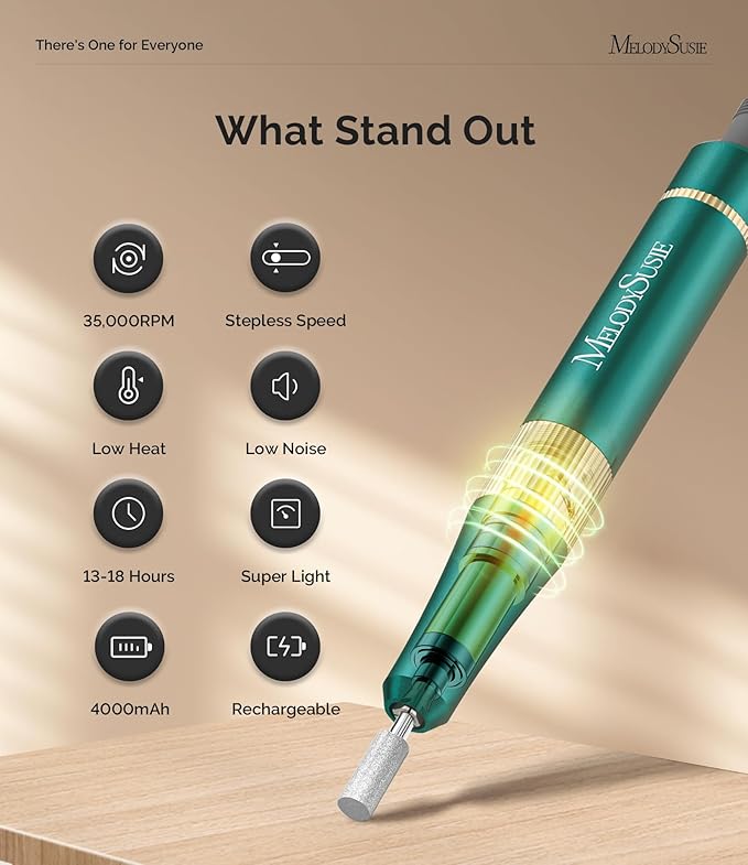 MelodySusie Professional Nail Drill, 35000 RPM Electric Nail File for Acrylic Gel Nails Removal, SM200F Portable Efile Coreless Motor for Quiet & Durable, Cordless Nail Kit with Bits for Salon & Home