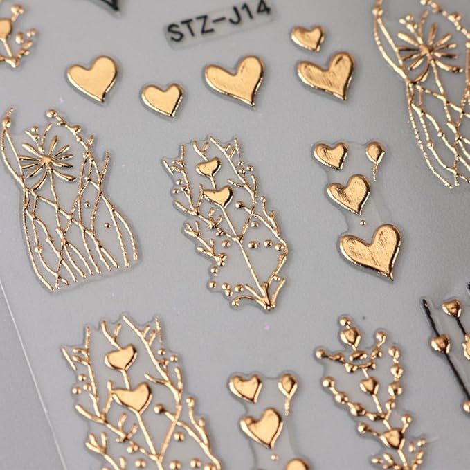 Golden Heart Nail Stickers for Nail Art 3D Bronzing Heart Nail Art Stickers 3PCS Metallic Golden Love Hearts Tree Stripe Design Self-Adhesive Nails Decals Supply for Women DIY Manicure Decorations