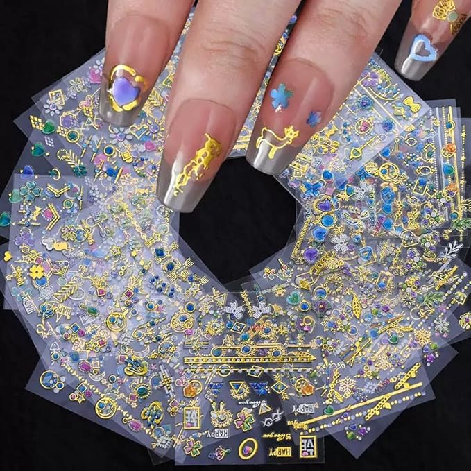 30 Sheets Gem Star Nail Stickers 3D Self Adhesive Luxury Blue Gems Theme Nail Art Charms Sticker Decals for Crafts Supplies Accessories (ST-BG)