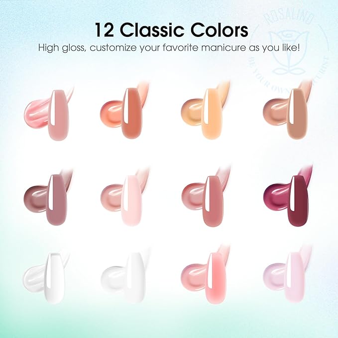 ROSALIND Pink Poly Nail Gel Kit -12 Colors + Nail Art Accessories Kit Poly Nails Gel Starter Kit with Slip Solution All Seasons Classic Colors Nails Extensions Set with Mini UV Lamp