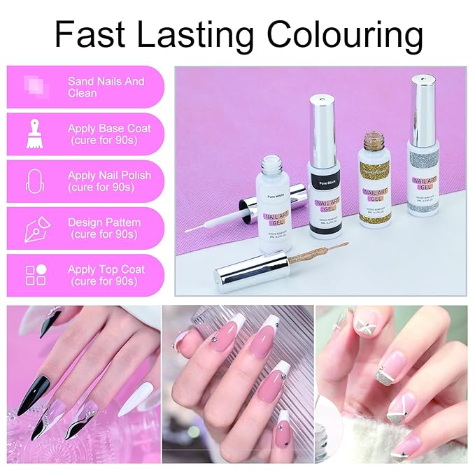 Gel Liner Nail Art Polish Set Gel Liner Nail Art Kit For Nail Design, 4 Colors Black White Gold Silver Design Paint with Thin Brush for French Tip Manicure DIY Nail Art, 8ML