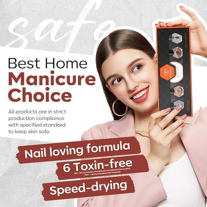 Modelones Nail Polish Set with 42 Pcs Remover Pads and Base Top Coat, 3 Colors Brown Glitter Mini Nail Polish Kit Fingernail Polish Bulk Manicure Diy Nail Art Salon Home