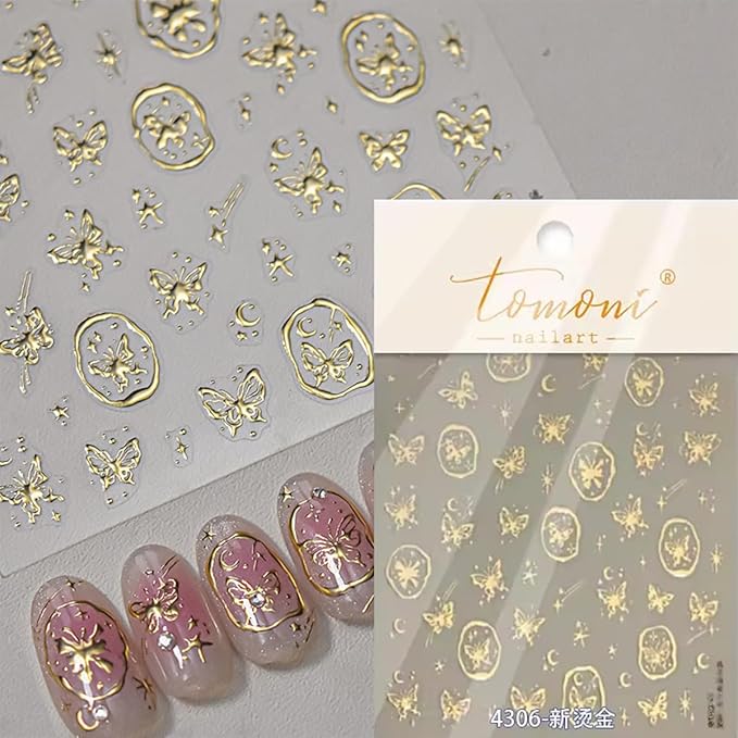 5D Embossed Gold Nail Stickers Butterfly Nail Art Stickers Self-Adhesive Bronzing Butterflies Star Nail Decals Gold Nails Design Manicure Decorations for Women Girls DIY Nail Supplies 1Pcs
