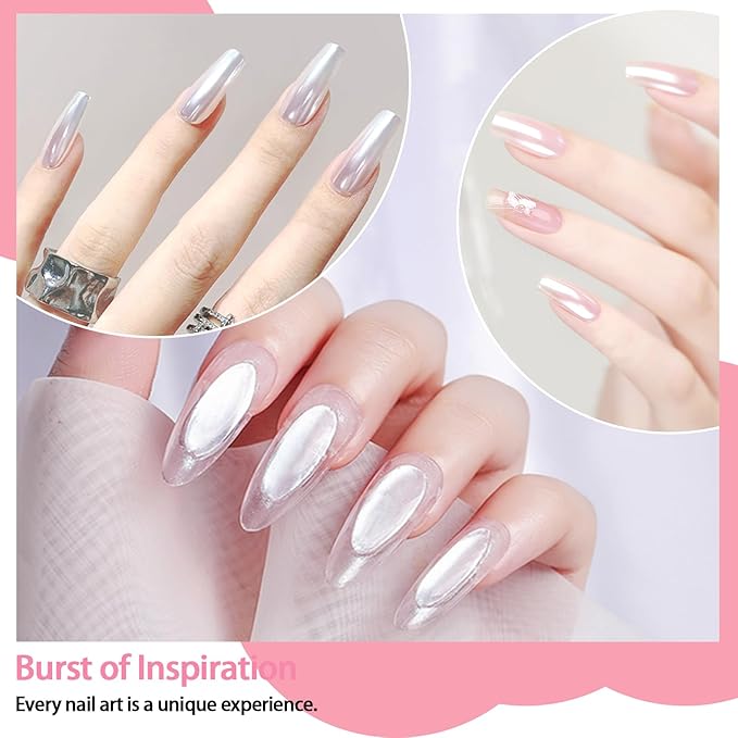 Allstarry White Pearl Chrome Nail Powder, Iridescent Aurora Powder Metallic Mirror Effect Glitter Powder Pearlescent Ice Transparent Mermaid Pigment Pearl Glitter Dust Kit for Nail Art Decoration