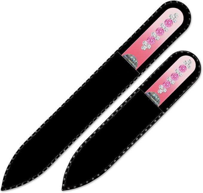 Glass Nail File - Mont Bleu Set of 2 Glass Nail Files Hand Decorated with Crystals - Handmade Gifts - Grow Long, Healthy, Beautiful Nails - Heal Cracked Nails - Crystal Glass Nail File