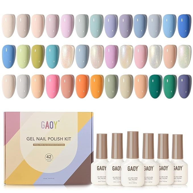 GAOY 42 Pcs Gel Nail Polish Kit, Pastel Pearl Shimmer Colors Spring Summer Gel Nail Polish Set with Glossy & Matte Top Coat and Base Coat for Salon and DIY Manicure at Home