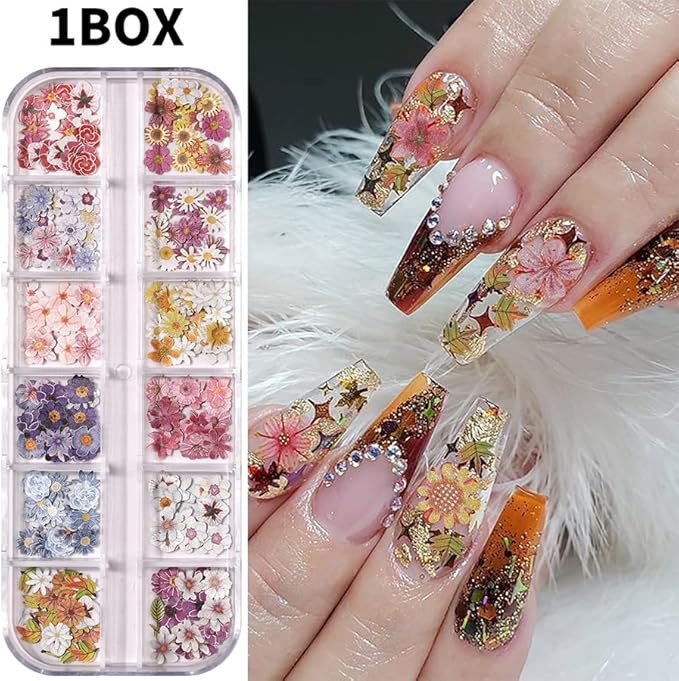 600Pcs 3D Flower Nail Art Charms Sequins Decals Colorful Mixed Daisies Flowers Leaves Design Slice Nail Flowers Ultra Wood Pulp Flakes Sequins 5