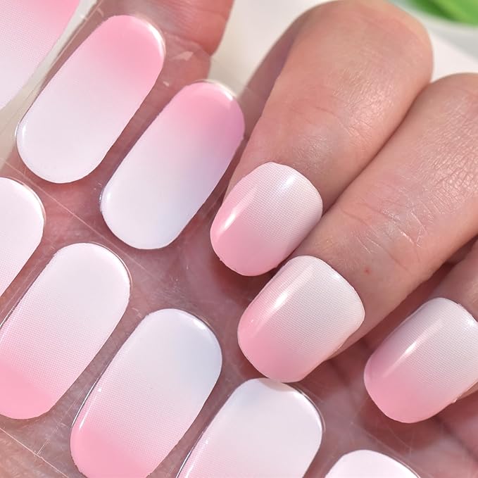 Semi Cured Gel Nail Strips Salon-Quality, Long Lasting Adhere Nail Art Stickers Decals (Gradient Pink)