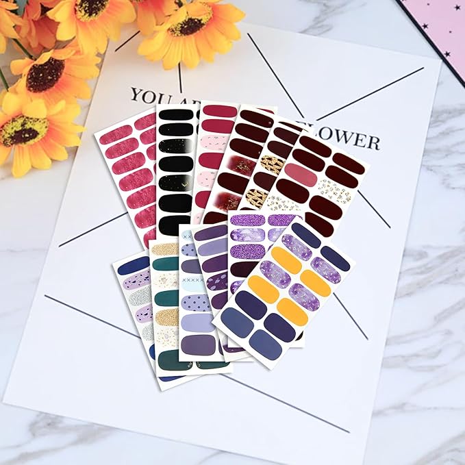 WOKOTO 20 Sheets Cute Colorful Nail Polish Stickers Stick On Nail Polish Strips For Nails Art Polish Stickers With Nail File Gel Nail Wraps Strips Stickers Mix-Design Nail Gel Stickers For Women