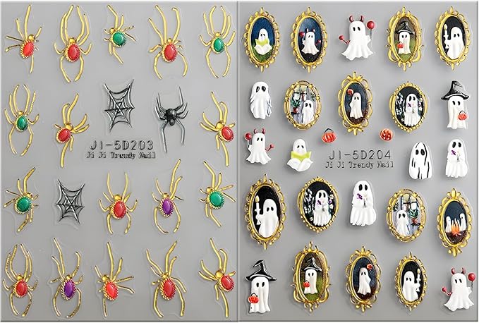2Pcs Retro Halloween Nail Stickers Spider Web Decals for Nail Art Pumpkin Ghost Nail Design 5D Embossed Spider Nails Supplies Ghost Mirrors Nails Acrylic Accessories for Women DIY Manicure Decoration