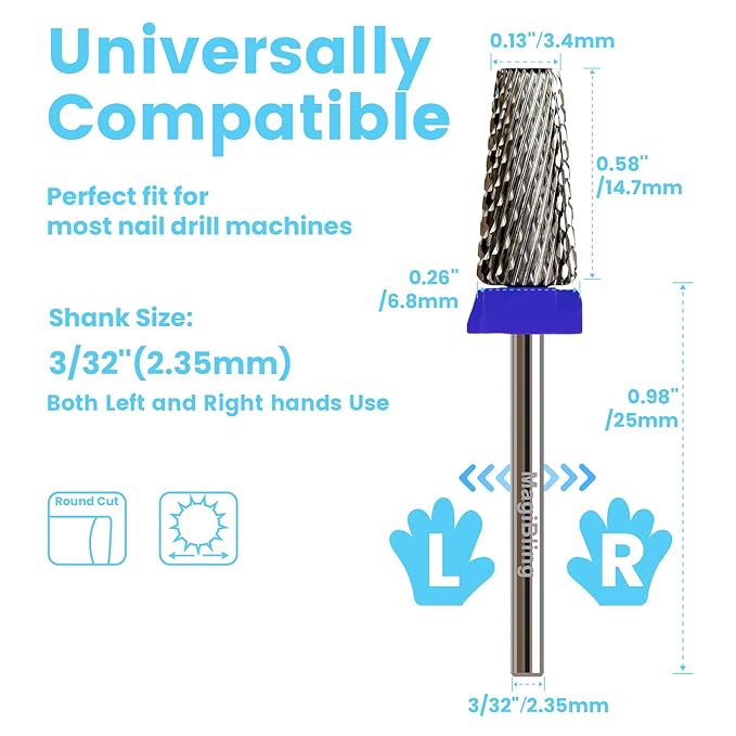 Cross Cut 5 in 1 Tapered Barrel Nail Drill Bits, Professional 3/32'' Safety Tungsten Carbide Bits, Two-way Rotation, Manicure Pedicure Cuticle Gel Removal Polishing, Medium.