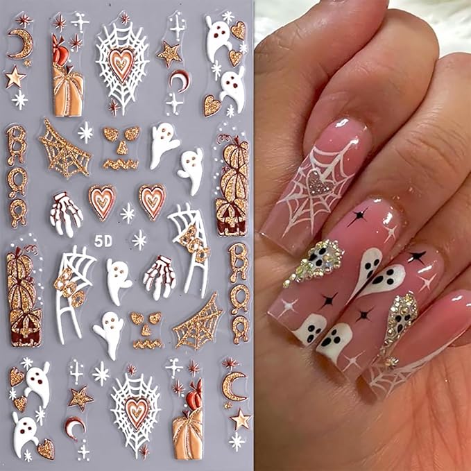 3 Sheets Halloween 5D Embossed Nail Art Stickers Cute Ghost Spider Wed Nail Decals Self Adhesive Gothic Pumpkin Skull Nail Stickers Glitter Gold Nail Design Decals Holiday Nail Decoration for Women