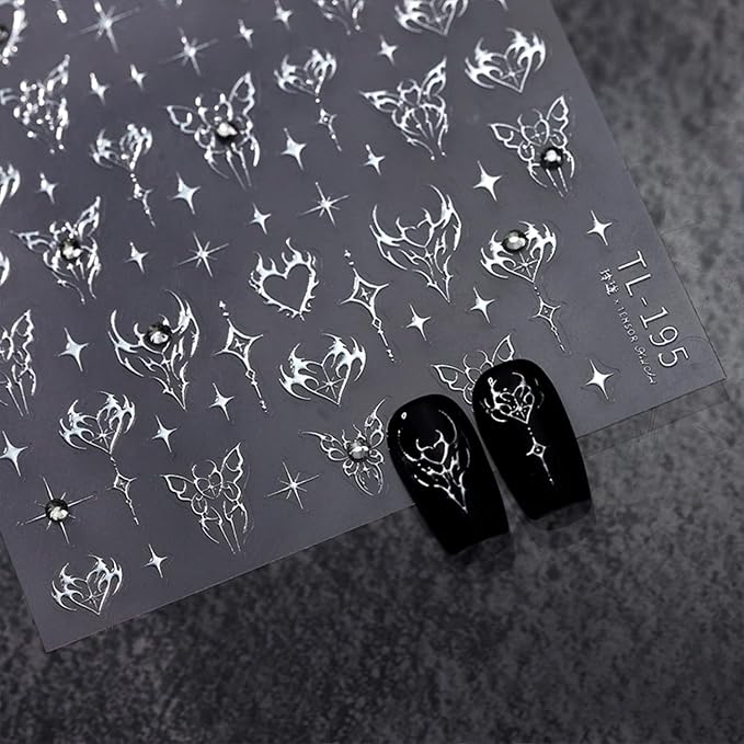 Silver Star Nail Art Stickers 5D Self Adhesive Heart Butterfly Nail Stickers for Nail Art Silver Nail Decals Rhinestone Design Star Nail Supplies for Women Girls