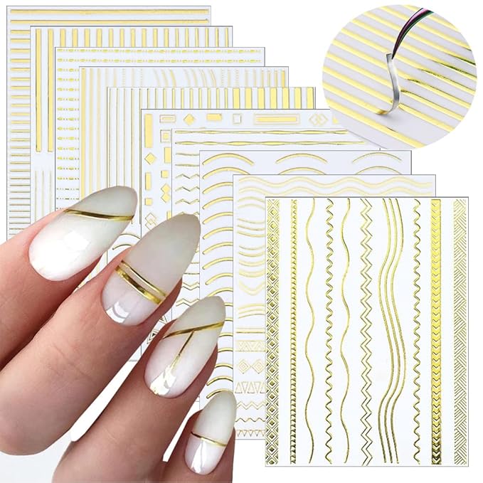 10 Sheets Gold Lines Nail Art Stickers Decal,Metal Geometric Stripe Wavy Line Self Adhesive Nail Decals French Classic Simple 3D Designs Nail Foil Stickers Sliders Manicure Decorations for Women Girls