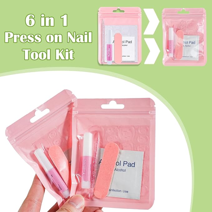 Press On Nail Tool Kit with Everything, Bebbtiy Press On Nail Prep Tool Kit Disposable Manicure Kit with Nail File, Nail Glue, Prep Pads, Adhesive Nail Tabs, Wood Stick, Packaging Bag (20pcs-pink)