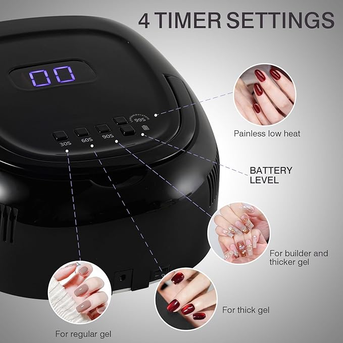 Cordless UV LED Nail Lamp 60W Rechargeable Gel Nail Lamp UV Light for Gel Nails with Auto Sensor & 4 Timer Modes Salon & Home (Black)
