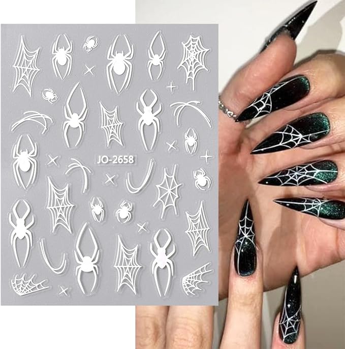 6 Sheets Halloween Spider Nail Stickers White Red Black Spider Web Nail Art Stickers 3D Self-Adhesive Horror Spiders Nail Decoration Scary Halloween Nail Decals for Women Girls Nail Art Designs
