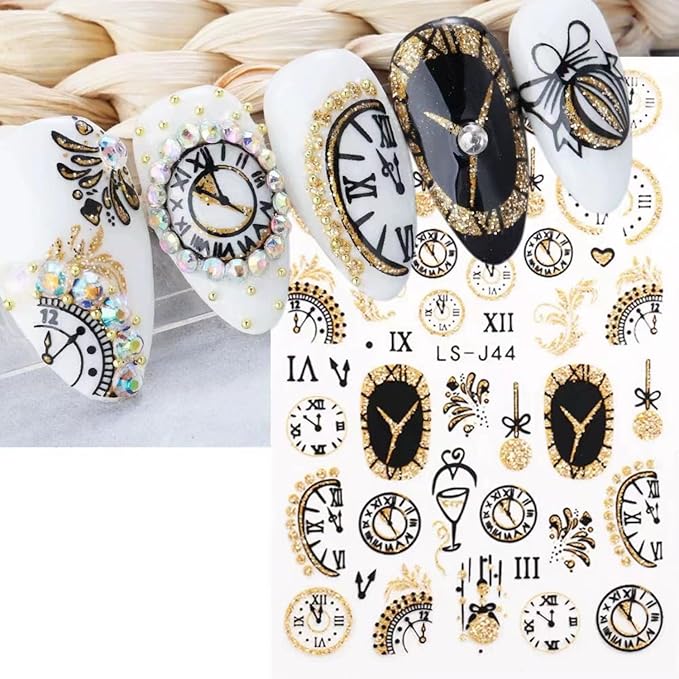 6PCS Clock Nail Art Stickers New Year Nail Decals 3D Self-Adhesive Gold Glitter Nail Stickers Clock Wine Glass Christmas Ball Fireworks Design Countdown Nails Supplies for Women Christmas Nails Decor