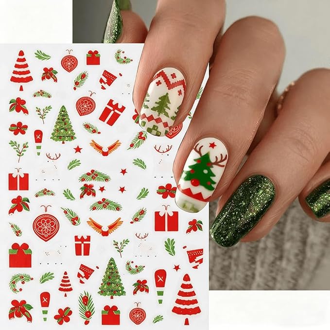 6Pcs Christmas Nail Stickers Gift Box Lollipop Christmas Berry Nail Decals DIY Self Adhesive Santa Claus Socks Cute Design Nail Decoration Supplies Holiday Manicure Accessories for Women Girls