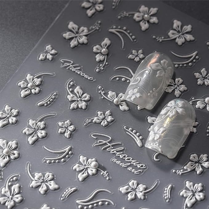 2 Sheets 5D Embossed Flower Nail Art Stickers Summer Spring Nail Stickers for Nail Art Aurora White Nail Decals Self Adhesive Nails Supplies for Women Girls