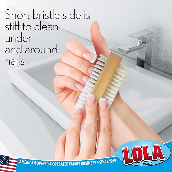 LOLA Classic Hand & Nail Wood Brush, 12 Pack, Heavy Duty 2 Sided Soft & Stiff Bristles, Cleans Hands, Fingernails, Feet & Toenails