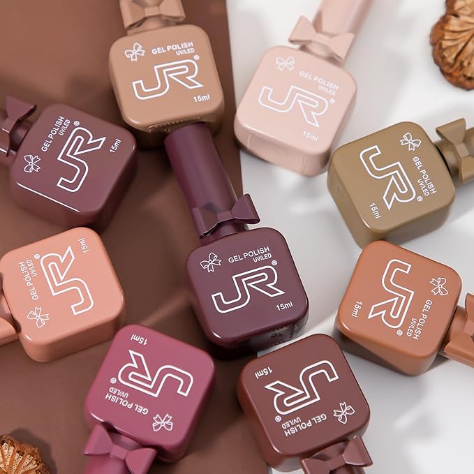 JR 9 Colors 0.5oz Brown Gel Nail Polish Set Bow Bottle Fall Design Nude Gel Polish Kit UV LED Soak Off Polish Home DIY Gift Fall Gel Polish Series