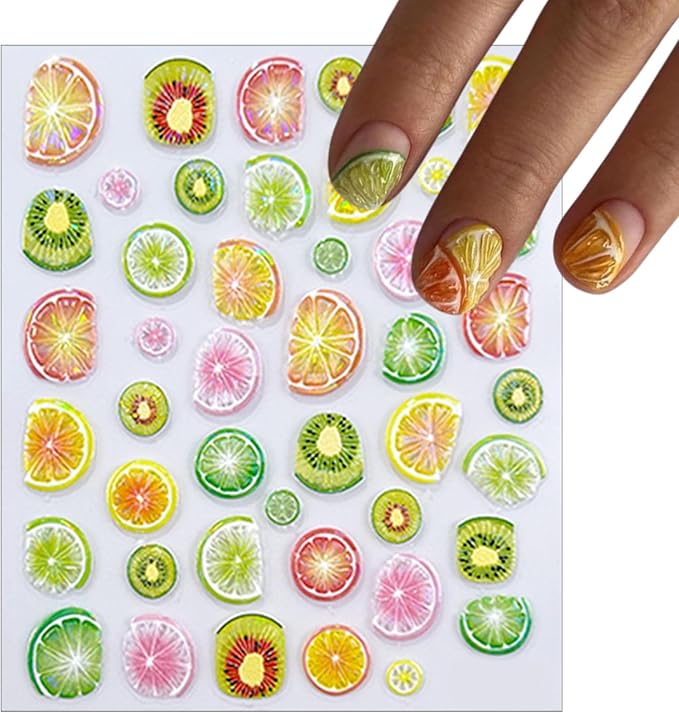 6 Sheets Summer Fruit Nail Art Stickers Decals 5D Jelly Embossed Fruit Shell Light Nail Stickers Lemon Kiwifruit Exquisite Design Summer Nails Decals Manicure Supply for Women DIY Nail Decorations
