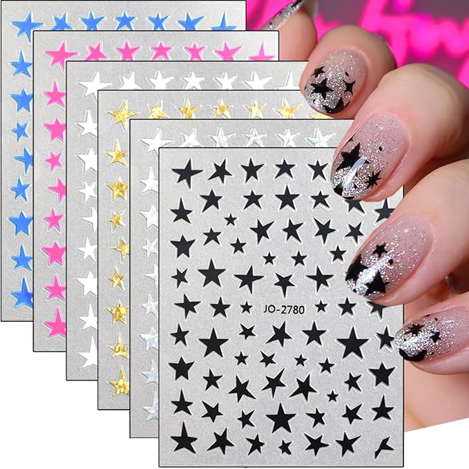 6Pcs Star Nail Stickers 3D Self Adhesive Glitter Stars Nail Decals Shiny Gold Silver Black White Pink Blue Stars Nail Design Sticker Holographic Cute Nail Art Stickers for Women DIY Manicure Supplies